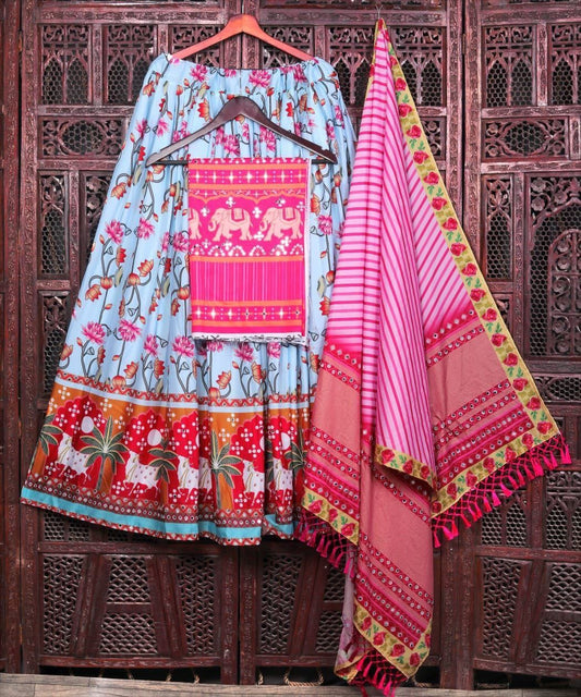 Lotus Print With Unique Border Sky Pink Lehenga Choli With Mirror Work And Attached Pink Dupatta