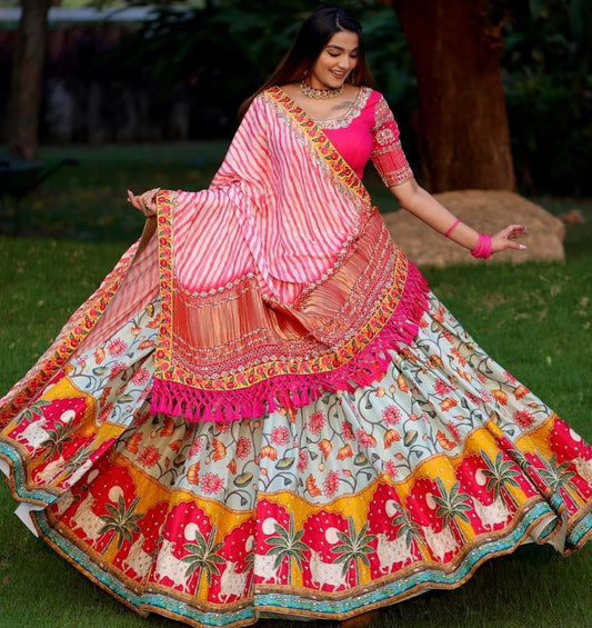 Lotus Print With Unique Border Sky Pink Lehenga Choli With Mirror Work And Attached Pink Dupatta