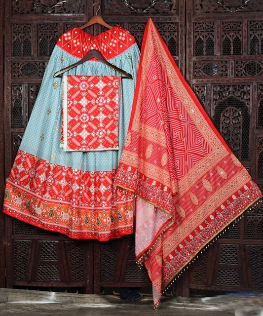 Hathi Patola Grey Red Lehenga Choli With Mirror Work And Attached Red Dupatta