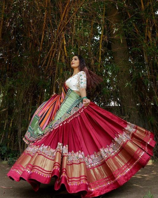 Maroon Lehenga And White Choli With Mirror Work And Attached Multi Colour Dupatta