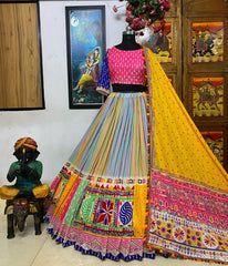 Gamthi Patch Style Multi Colour Lehenga Choli With Mirror Work And Attached Yellow Dupatta