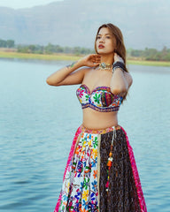 Multi  Flower Jal Multi Colour Lehngha Choli With Mirror Work And Attached Black Dupatta