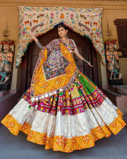 Desi Work Print Multi Colour Lehngha Choli With Mirror Work And Attached Yellow Dupatta