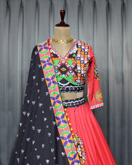 Butta With Lace Print Marron Lehngha Choli With Mirror Work And Attached Black Dupatta