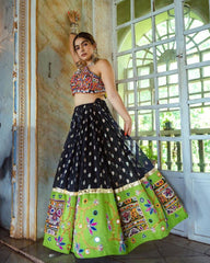 Black Lehngha Choli With Mirror Work And Attached Black Dupatta With Butta Print