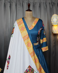 Bandhani Border With Line Pettern Red Lehngha Choli With Mirror Work And Attached Rama Gamthi Print Dupatta