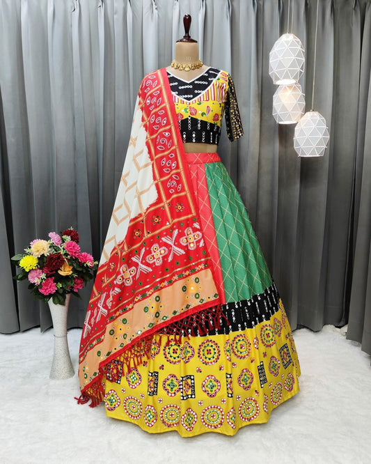 Multi Colour Box Checks Lehngha Choli With Mirror And Attached White Red Combination Dupatta