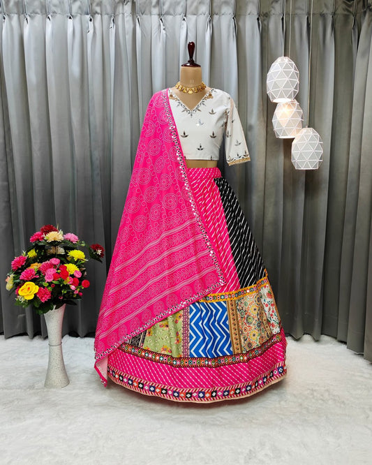 Lehriya Print Multi Colour Lehngha Choli With Mirror And Attached Rani Bandhani Dupatta